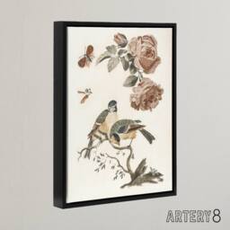 "Artery8 Roses Butterfly A Blue & Great Tit Teyler Black Framed Canvas Art in White - Size: W12"" x H16""" - thumbnail 2