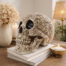 Voltico Floral Gothic Resin Skull Decorative Ornament in Beige - thumbnail 1