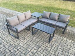 Fimous Aluminium 4 Pieces Outdoor Garden Furniture Lounge Sofa Set with Oblong Coffee Table Side Table Dark Grey - thumbnail 1