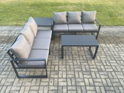 Fimous Aluminium 4 Pieces Outdoor Garden Furniture Lounge Sofa Set with Oblong Coffee Table Side Table Dark Grey - thumbnail 2