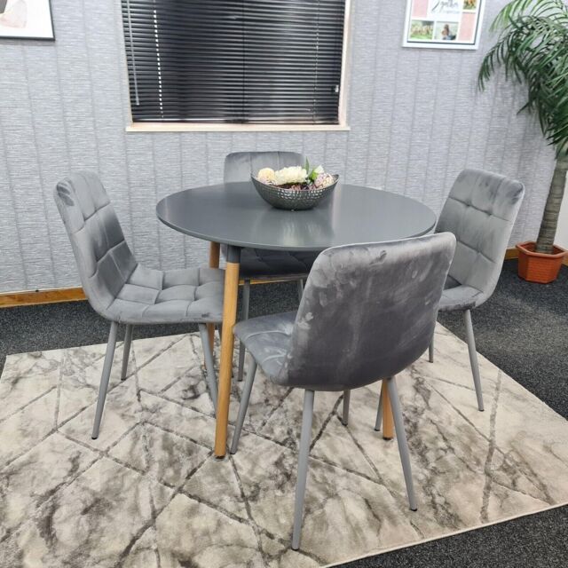 KOSY KOALA Dining Table & 4 Chairs Grey Round Table With 4 Grey Velvet Chairs Dining Room Furniture in Brown - image 1