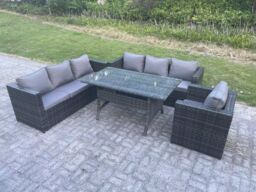 Fimous Outdoor Lounge Sofa Garden Furniture Set Rattan Rectangular Table Patio Chair 7 Seater in Dark Grey - thumbnail 1