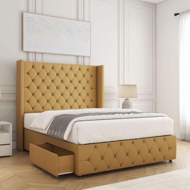 "BSSPOKE Ruby Divan Bed Plush Velvet 54""Headboard 2Drawers Footend No Mattress in Mustard - Size: Super King" - image 1