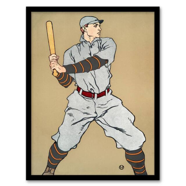 "Artery8 Vintage Baseball Player Drawing Vintage Framed Wall Art Print Penfield in Beige - Size: W12"" x H16""" - image 1