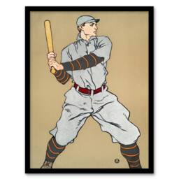 "Artery8 Vintage Baseball Player Drawing Vintage Framed Wall Art Print Penfield in Beige - Size: W12"" x H16""" - thumbnail 1