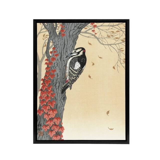 "Artery8 Great Spotted Woodpecker Tree Red Ivy Framed Canvas Wall Art Print Koson in Orange - Size: W12"" x H16""" - image 1