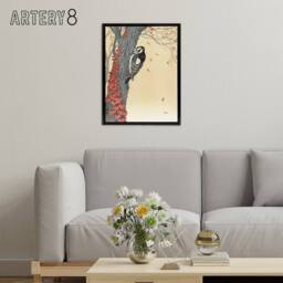 "Artery8 Great Spotted Woodpecker Tree Red Ivy Framed Canvas Wall Art Print Koson in Orange - Size: W12"" x H16""" - thumbnail 3