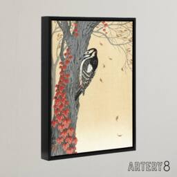 "Artery8 Great Spotted Woodpecker Tree Red Ivy Framed Canvas Wall Art Print Koson in Orange - Size: W12"" x H16""" - thumbnail 2