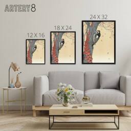 "Artery8 Great Spotted Woodpecker Tree Red Ivy Framed Canvas Wall Art Print Koson in Orange - Size: W12"" x H16""" - thumbnail 4