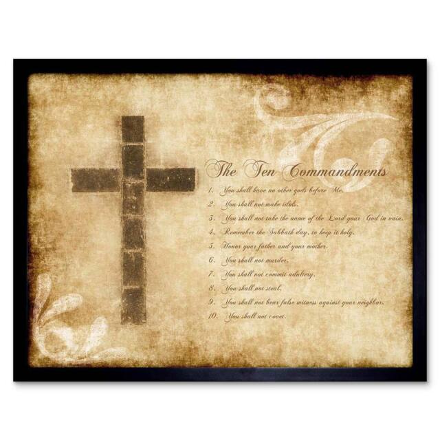 "Artery8 Ten Commandments 10 Cross Christian Religious Quote Framed Art Print in Beige - Size: W12"" x H16""" - image 1