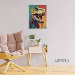 "Artery8 Roaring T Rex Colourful Dinosaur Canvas Wall Art Print - Size: W18"" x H24""" - thumbnail 3