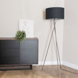 ValueLights Camden Chrome Tripod Floor Lamp with Metallic Chrome Inner Drum Shade in Black