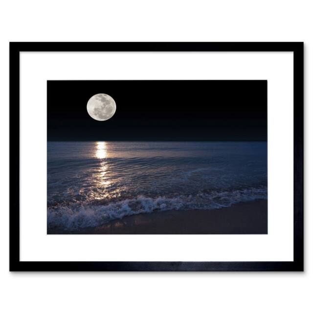 "Artery8 Full Moon Sea Tide Beach Night Home Decor 12x16"" Framed Wall Art Print in Black - Size: W12"" x H16""" - image 1