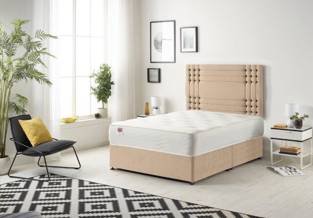 Somnior Flexby Plush Fabric Divan Bed with Orthopeadic Sprung Memory Foam Mattress & Headboard in Beige - Size: Small Double - image 1
