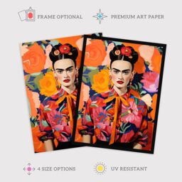 "Wee Blue Coo Wall Art Print Fierce Mexican Artist Woman Vibrant Oil Painting Orange Pink Blue Bold Floral Portrait Poster - Size: W12"" x H16""" - thumbnail 2