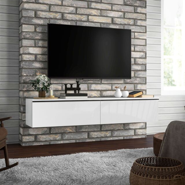 HOMCOM Wall Mounted TV Stand Unit with Storage & High Gloss Effect, White - image 1