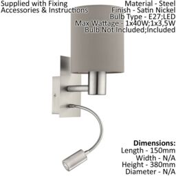 Loops Wall Light Colour Satin Nickel Shade Taupe Fabric Bulb E27 LED 1x40W 1x3.5W in Metallics - thumbnail 2