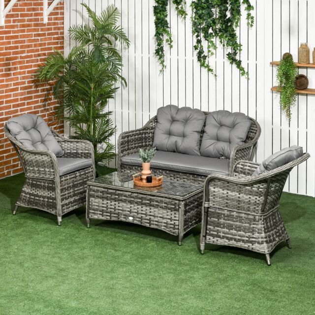 OUTSUNNY 4 Pieces Rattan Sofa Set Outdoor Conservatory Furniture with Cushions in Grey