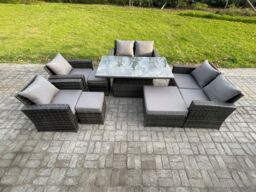 Fimous Outdoor Garden Furniture Sets 8 Pieces Wicker Rattan Furniture Sofa Dining Table Set with 3 Footstools Dark Grey Mixed - thumbnail 2