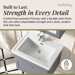 Balterley Bathroom Wall Hung 1-Drawer Vanity Unit & Fireclay Basin, Grey, 600mm in Grey - thumbnail 4