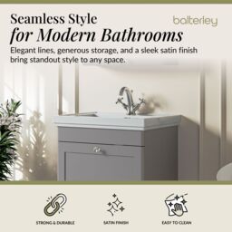 Balterley Bathroom Wall Hung 1-Drawer Vanity Unit & Fireclay Basin, Grey, 600mm in Grey - thumbnail 2