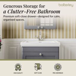 Balterley Bathroom Wall Hung 1-Drawer Vanity Unit & Fireclay Basin, Grey, 600mm in Grey - thumbnail 3