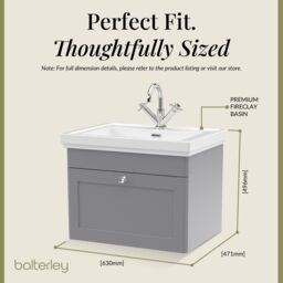 Balterley Bathroom Wall Hung 1-Drawer Vanity Unit & Fireclay Basin, Grey, 600mm in Grey - thumbnail 5