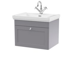 Balterley Bathroom Wall Hung 1-Drawer Vanity Unit & Fireclay Basin, Grey, 600mm in Grey - thumbnail 1