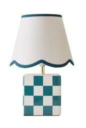 ValueLights Evie Check Cube Table Lamp with Trim Linen Scallop Lamp Shade & Bulb in Green - thumbnail 6