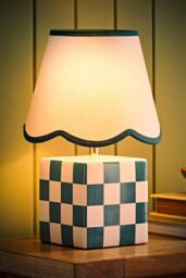 ValueLights Evie Check Cube Table Lamp with Trim Linen Scallop Lamp Shade & Bulb in Green - thumbnail 1