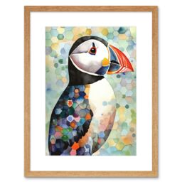 "Artery8 Wall Art Print Puffin Bird Portrait Pastel Colour Folk Artwork Framed 9X7 Inch in Beige - Size: W7"" x H9""" - thumbnail 1