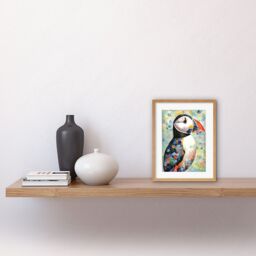 "Artery8 Wall Art Print Puffin Bird Portrait Pastel Colour Folk Artwork Framed 9X7 Inch in Beige - Size: W7"" x H9""" - thumbnail 2