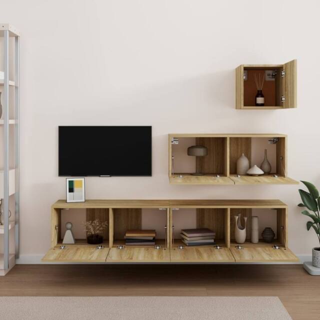 Berkfield Home Modern 4 Piece TV Cabinet Set Sonoma Oak Engineered Wood in Light Brown - image 1