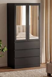 Home Discount Vida Designs Denver 2 Door 3 Drawer Mirrored Wardrobe Bedroom in Black - thumbnail 1