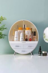 Living and Home 34CM High Round Transparent Cosmetic Display Box With 3 Drawers Storage Box in Grey - thumbnail 5