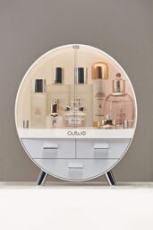 Living and Home 34CM High Round Transparent Cosmetic Display Box With 3 Drawers Storage Box in Grey - thumbnail 1