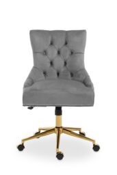 Orsina Grey Velvet & Gold-Base Home Office Chair, Tufted Diamond-Back Upholstered Desk Chair, Swivel Seat