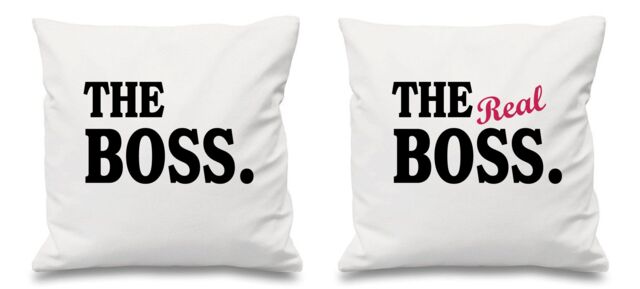 "60 SECOND MAKEOVER The Boss The Real Boss White Cushion Covers 16"" x 16"" Couples Cushions Valentines Anniversary Boyfriend - Size: 40 cm x 40 cm"