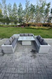 Fimous Lounge Rattan Garden Furniture Set Adjustable Rising Lifting Table Dining Set Side Coffee Table in Light Grey - thumbnail 1