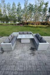 Fimous Lounge Rattan Garden Furniture Set Adjustable Rising Lifting Table Dining Set Side Coffee Table in Light Grey - thumbnail 2