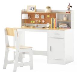 Costway Kids Study Desk & Chair Set Wooden Writing Table Activity Table Set in White