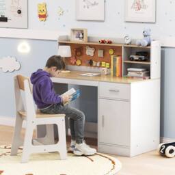 Costway Kids Study Desk & Chair Set Wooden Writing Table Activity Table Set in White - thumbnail 5