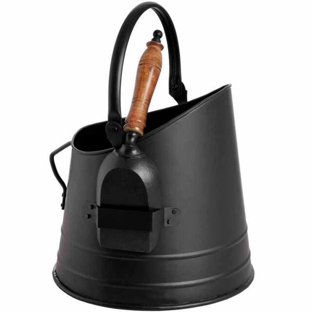 Lemon Pavilion Furniture and Decor Coal Bucket with Teak Handle Shovel, Steel, L22 x W25 x H28 cm, Black