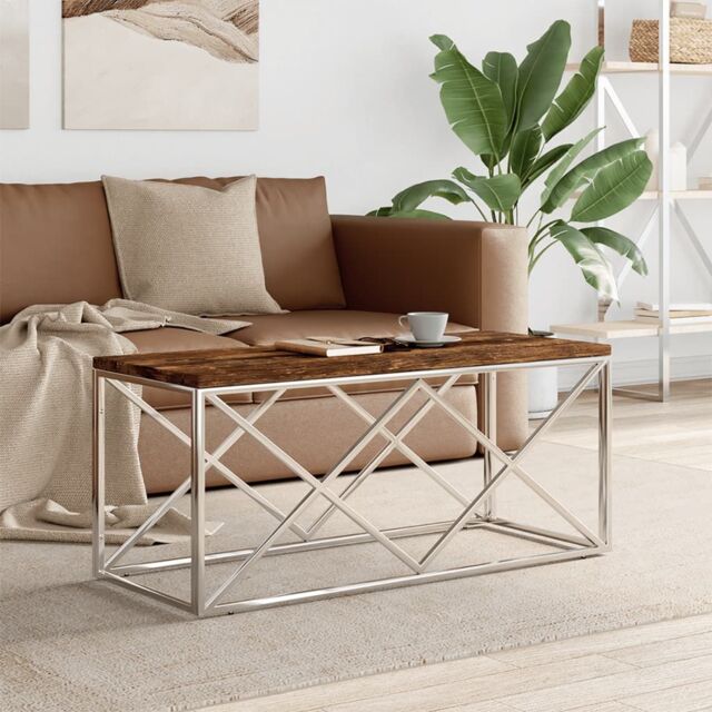 Berkfield Home Coffee Table Stainless Steel & Solid Wood Reclaimed in Silver - image 1