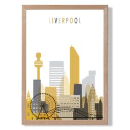 ARTZE Liverpool Yellow & Grey City Skyline Framed Print SIZE: A3 with Oak Frame - thumbnail 1