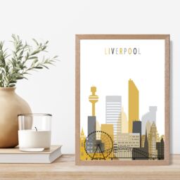 ARTZE Liverpool Yellow & Grey City Skyline Framed Print SIZE: A3 with Oak Frame - thumbnail 2