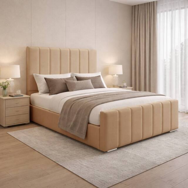 Desire Deco Plush Velvet Eleanor Upholstered Panel Bed Frame, All Sizes in Beige - Size: Single - image 1