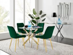 FurnitureboxUK Novara 100cm Round Tempered Glass Dining Table with Gold Legs & 4 Pesaro Velvet Chairs in Green - thumbnail 1