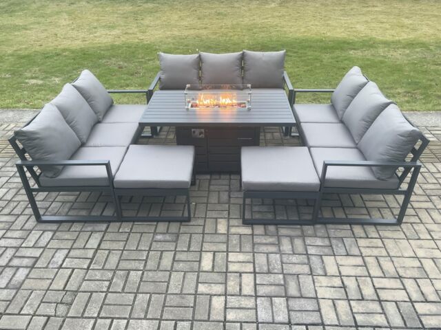 Fimous Aluminium 11 Seater Garden Furniture Outdoor Set Patio Lounge Sofa Gas Fire Pit Dining Table Set with 2 Big Footstools Dark Grey - image 1