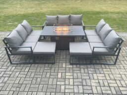 Fimous Aluminium 11 Seater Garden Furniture Outdoor Set Patio Lounge Sofa Gas Fire Pit Dining Table Set with 2 Big Footstools Dark Grey - thumbnail 1